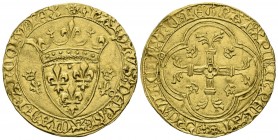FRANCE, Charles VII (1422-1461). 1 Ecu. (Au. 3.38g \/ 27mm). La Rouchelle. Anv: KAROLVS DEI GRACE FRACORV REX. Shield with three lily flowers crowned ...