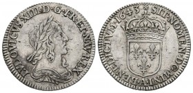FRANCE, Louis XIII (1610-1643). 1\/12 Ecu. (Ar. 2.28g \/ 21mm). 1643. Paris A. 2nd Warin punch. (Gadoury 46). Flower on reverse above the shield. XF. ...