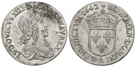 FRANCE, Louis XIII (1610-1643). 1\/4 Ecu. (Ar. 6.90g \/ 27mm). 1642. Paris A. 2nd Warin punch. (Gadoury 48). Flower on reverse above the shield. AU. B...
