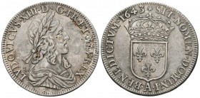 FRANCE, Louis XIII (1610-1643). 1\/2 Ecu. (Ar. 13.63g \/ 34mm). 1643. Paris A. 2nd Warin punch. (Gadoury 49). Flower on reverse above the shield. VF. ...