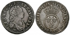 FRANCE, Louis XV (1715-1774). 1\/2 Ecu. (Ar. 15.10g \/ 35mm). 1716. Tours E. (Gadoury 308). VF. Limited.