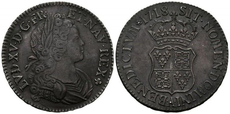 FRANCE, Louis XV (1715-1774). 1 Ecu. (Ar. 24.28g \/ 38mm). 1718. Paris A. (Gadou...