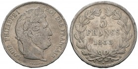 FRANCE, Luis Felipe I. 5 Francs. (Ar. 24.45g \/ 37mm). 1833. Lion D. (Km # 749.4). F.