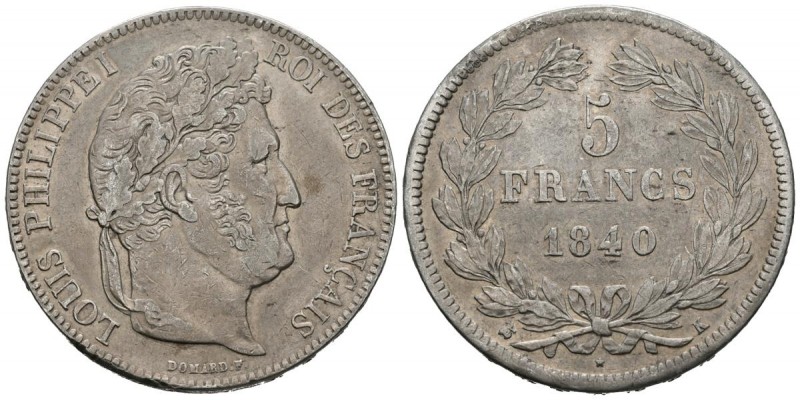 FRANCE, Luis Felipe I. 5 Francs. (Ar. 24.91g \/ 37mm). 1840. Bordeaux K. (Km # 7...
