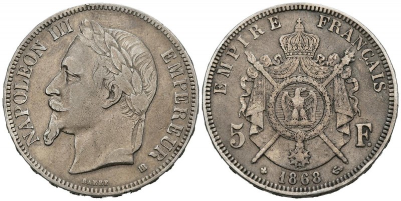FRANCE, Napoleon III. 5 Francs. (Ar. 24.79g \/ 37mm). 1868. Strasbourg BB. (Km #...