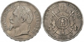 FRANCE, Napoleon III. 5 Francs. (Ar. 24.79g \/ 37mm). 1868. Strasbourg BB. (Km # 799.2). F.
