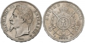 FRANCE, Napoleon III. 5 Francs. (Ar. 25.07g \/ 37mm). 1869. Strasbourg BB. (Km # 799.2). XF