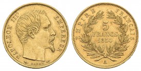 FRANCE, Napoleon III (1852-1870). 5 Francs. (Au 1.63g \/ 14mm). 1855. Paris A. Small module. (Gadoury 1000 var). Smooth edge. UNC. Beautiful and rare ...
