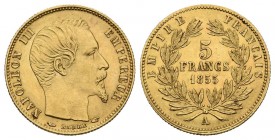 FRANCE, Napoleon III (1852-1870). 5 Francs. (Au 1.63g \/ 14mm). 1855. Paris A. Small module. (Gadoury 1000). Fluted edge. FDC. Beautiful rare specimen...