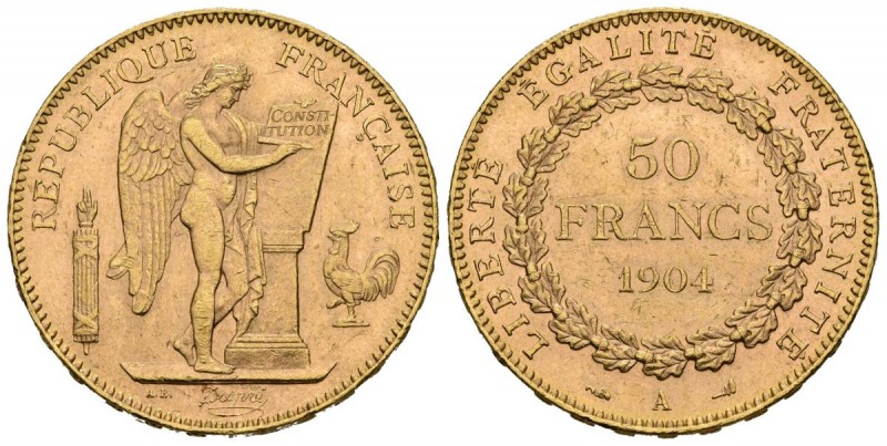 FRANCE, French Republic (1871-1940). 50 Francs. (Au 16.14g \/ 28mm). 1904. Paris...