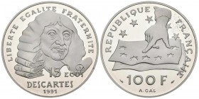 FRANCE. 100 Francs-15 ECU. (Ar. 22.19 \/ 37mm). 1991. Ren\u00e9 Descartes. (Km # 1002). PROOF. Includes official box and certificate of authenticity.