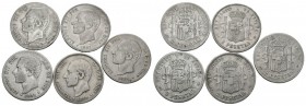 CENTENARY OF THE PESETA. Nice set of 5 coins of 2 Pesetas minted under the reign of Alfonso XII (1879, 1881, 1882 and 1884). Different states of conse...
