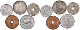 II REPUBLIC and SPANISH STATE. Set of 5 coins, 2 belonging to the Second Republic: 25 Cents and 1 Peseta, and 3 belonging to the Spanish State: 50, 10...