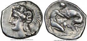 CALABRIA. Tarentum. Ca. 380-280 BC. AR diobol (13mm, 1.28 gm, 12h). NGC XF 5/5 - 4/5. Ca. 325-280 BC. Head of Athena left, wearing crested Attic helme...