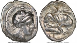 CALABRIA. Tarentum. Ca. 380-280 BC. AR diobol (12mm, 2h). NGC Choice VF. Ca. 325-280 BC. Head of Athena right, wearing crested Attic helmet decorated ...
