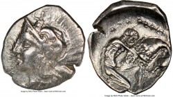 CALABRIA. Tarentum. Ca. 380-280 BC. AR diobol (12mm, 11h). NGC Choice VF. Ca. 325-280 BC. Head of Athena left, wearing crested Attic helmet decorated ...