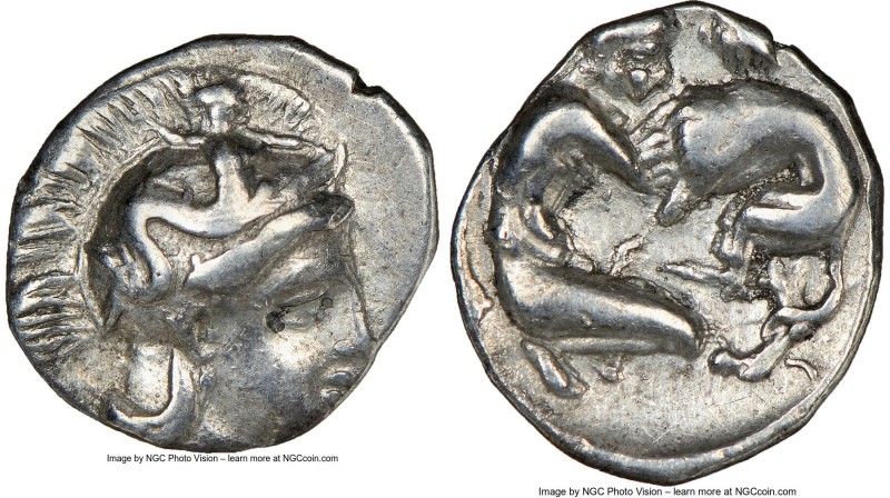 CALABRIA. Tarentum. Ca. 380-280 BC. AR diobol (12mm, 9h). NGC VF. Ca. 325-280 BC...