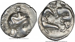 CALABRIA. Tarentum. Ca. 380-280 BC. AR diobol (12mm, 9h). NGC VF. Ca. 325-280 BC. Head of Athena right, wearing crested Attic helmet decorated with fi...
