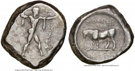 LUCANIA. Poseidonia. Ca. 470-420 BC. AR stater (18mm, 3h). NGC VF, brushed. ΠΟΣEΣ, Poseidon striding right, nude but for chlamys spread across shoulde...