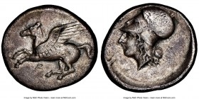 CORINTHIA. Corinth. 4th century BC. AR stater (23mm,8.06gm 1h). NGC XF 5/5 - 2/5. Pegasus flying left, Ϙ below / Head of Athena left, wearing Corinthi...