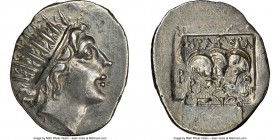 CARIAN ISLANDS. Rhodes. Ca. 88-84 BC. AR drachm (17mm, 12h). NGC Choice AU. Plinthophoric standard, Eragoras, magistrate. Radiate head of Helios right...
