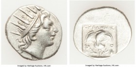 CARIAN ISLANDS. Rhodes. Ca. 88-84 BC. AR drachm (16mm, 2.47 gm, 11h). About VF. Plinthophoric standard, Euphanes, magistrate. Radiate head of Helios r...