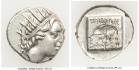 CARIAN ISLANDS. Rhodes. Ca. 88-84 BC. AR drachm (15mm, 2.90 gm, 1h). XF. Plinthophoric standard, Zenon, magistrate. Radiate head of Helios right / ZHN...