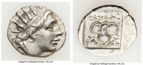 CARIAN ISLANDS. Rhodes. Ca. 88-84 BC. AR drachm (15mm, 2.45 gm, 12h). XF. Plinthophoric standard, Nicephorus, magistrate. Radiate head of Helios right...
