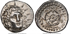 CARIAN ISLANDS. Rhodes. Ca. 84-30 BC. AR drachm (18mm, 4.04 gm, 1h). NGC Choice AU 5/5 - 4/5. Aineas, magistrate. Radiate head of Helios facing, turne...