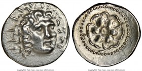 CARIAN ISLANDS. Rhodes. Ca. 84-30 BC. AR drachm (19mm, 1h). NGC AU, brushed. Radiate head of Helios facing, turned slightly right, hair parted in cent...