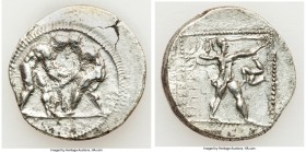 PAMPHYLIA. Aspendus. Ca. 380-325 BC. AR stater (25mm, 10.63 gm, 12h). Choice VF, die shift, brushed, flan flaw. Two wrestlers grappling; AK between / ...