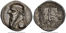 PARTHIAN KINGDOM. Mithradates II (ca. 121-91 BC). AR drachm (22mm, 12h). NGC XF, die shift. Rhagae mint, ca. 96/5-93/2 BC. Bust left, wearing tiara wi...