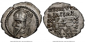 PARTHIAN KINGDOM. Vologases VI (AD 207-222). AR drachm (21mm, 12h). NGC Choice XF. Ecbatana. Diademed bust of Vologases VI left, wearing pointed beard...