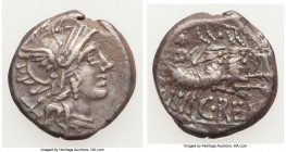 C. Renius (138 BC). AR denarius (18mm, 3.72 gm, 12h). Choice Fine. Rome. Head of Roma right, wearing winged helmet decorated with griffin crest, mark ...