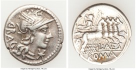 L. Antestius Gragulus (136 BC). AR denarius (20mm, 3.82 gm, 2h). VF. Rome. GRAG, head of Roma right in winged helmet decorated with griffin crest, bar...