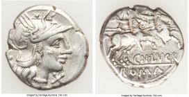 Cn. Lucretius Trio (ca. 136 BC). AR denarius (18mm, 3.87 gm, 2h). VF. Rome. TRIO, head of Roma right, wearing winged helmet decorated with griffin cre...