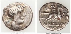 Q. Marcius Pilipus (129 BC). AR denarius (17mm, 3.72 gm, 12h). Fine. Head of Roma right, wearing winged helmet decorated with griffin crest, X (mark o...