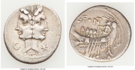 C. Fonteius (ca. 114/3 BC). AR denarius (21mm, 3.80 gm, 2h). Fine. Rome. Laureate, Janiform heads of the Dioscuri; N to left, mark of value to right /...