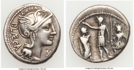 P. Porcius Laeca (ca. 110/9 BC). AR denarius (19mm, 3.91 gm, 4h). Fine. Rome. P•LAECA (AE ligate), head of Roma right wearing winged helmet with griff...