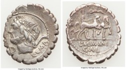 L. Memmius Galeria (ca. 106 BC). AR denarius serratus (20mm, 3.63 gm, 6h). Choice Fine. Rome. ROMA, laureate head of Saturn left; •D below chin, harpa...