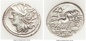 L. Appuleius Saturninus (ca. 104 BC). AR denarius (19mm, 3.88 gm, 6h). Choice Fine. Rome. Head of Roma left, wearing pendant earring, necklace, and wi...