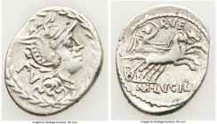 M. Lucilius Rufus (101 BC). AR denarius (22mm, 3.83 gm, 11h). Fine. Rome. Head of Roma right, wearing winged helmet decorated with griffin crest; PV i...