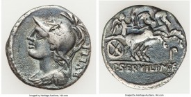 P. Servilius M.f. Rullus (100 BC). AR denarius (19mm, 3.53 gm, 2h). Choice Fine. Rome. RVLLI, helmeted bust of Minerva left, wearing aegis / P•SERVILI...