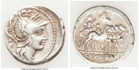 C. Fundanius (97 BC). AR denarius (20mm, 3.74 gm, 6h). Choice Fine. Rome. Head of Roma right, wearing winged helmet decorated with griffin crest, •/E ...