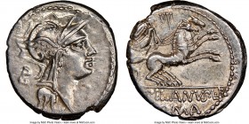 D. Silanus L.f. (ca. 91 BC). AR denarius (18mm, 8h). NGC AU. Rome. Head of Roma right, wearing winged helmet decorated with griffin crest; B behind / ...