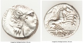 D. Silanus L.f. (ca. 91 BC). AR denarius (16mm, 3.89 gm, 6h). About VF. Rome. Head of Roma right, wearing winged helmet decorated with griffin crest; ...