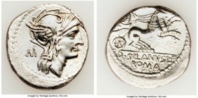 D. Silanus L.f. (ca. 91 BC). AR denarius (19mm, 3.88 gm, 10h). XF. Rome. Head of Roma right, wearing winged helmet decorated with griffin crest, M beh...