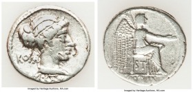 M. Cato (89 BC). AR denarius (17mm, 3.87 gm, 6h). Fine, bankers mark. ROMA (MA ligate) behind and M • CATO (AT ligate) below, draped bust of Roma righ...