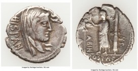 A. Postumius A.f. Sp.n. Albinus (ca. 81 BC). AR denarius serratus (19mm, 3.32 gm, 6h). VF. Rome. HISPAN, veiled bust of Hispania right with disheveled...