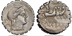C. Naevius Balbus (79 BC). AR serratus denarius (19mm, 4h). NGC Choice XF. Rome. Head of Venus right, wearing stephane, necklace and earring; S•C behi...